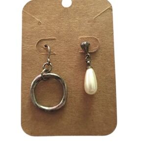 Asymmetrical Mismatched Dangle Earrings Dark Silver Faux Pearl Costume Jewelry